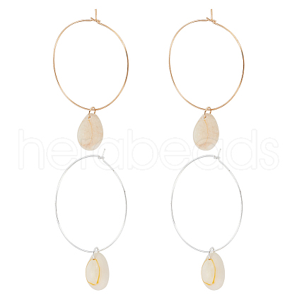 FIBLOOM 2 Pairs 2 Colors Natural Shell Dangle Big Hoop Earrings EJEW-FI0001-19-1