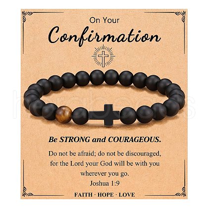 Cross Natural Tiger Eye & Frosted Black Obsidian Round Beads Stretch Bracelets for Men Women WG92FBF-06-1