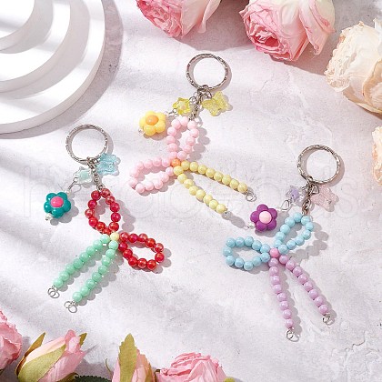 Opaque Acrylic Beads with Brass Crimp Beads and Iron Split Key Rings Keychains KEYC-JKC01188-1