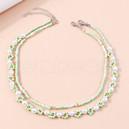 2Pcs Flower Glass Seed Beaded with Plastic Pearl Beaded Necklace Sets for Women FS-WGE85A7-22-1