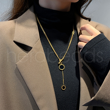 Flat Round with Letter B 316L Surgical Stainless Steel Black Acrylic Roman Numerals Pendant Y Necklaces for Women FS-WG00E23-01-1