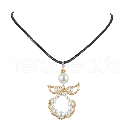 Glass Seed Beads & Shell Pearl Angel Pendant Necklaces NJEW-MZ00051-03-1