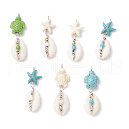 7Pcs 7 Styles Natural Cowrie Shell & Starfish Turtle Dyed Synthetic Turquoise Pendants PALLOY-JF03935-01-1