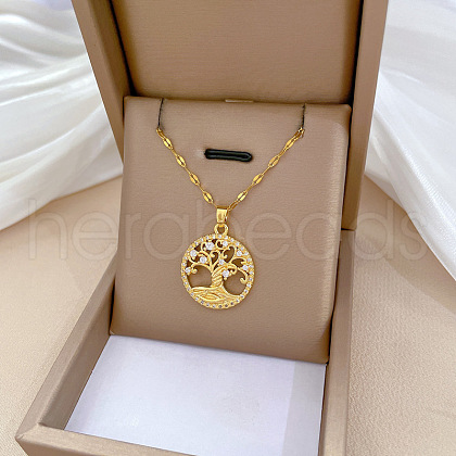 Brass Pave Full Cubic Zirconia Tree Of Life Pendant Necklaces NJEW-D309-01G-B-1