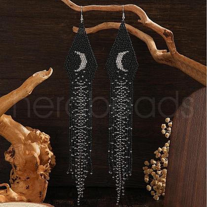 Bohemian Handmade Glass Seed Beads Moon Tassel Dangle Earrings YQ4998-1