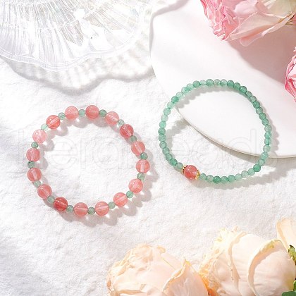 2Pcs Natural Green Aventurine & Cherry Quartz Glass Round Beaded Stretch Bracelets for Women BJEW-JB11927-1