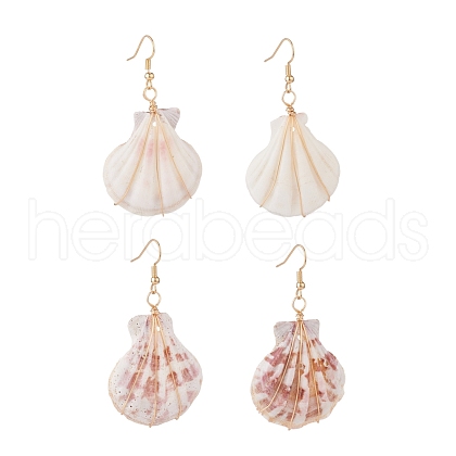 Copper Wire Wrapped Natural Scallop Shell Dangle Earring for Women EJEW-JE04721-1