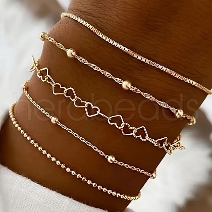 5Pcs 5 Styles Alloy Box Chain & Figaro Chain & Heart Link Chain & Ball Chain & Cable Chain Bracelets for Women WG8BA68-02-1