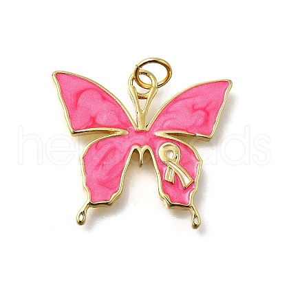 October Breast Cancer Pink Awareness Ribbon Brass Enamel Pendants KK-S517-04B-G-1