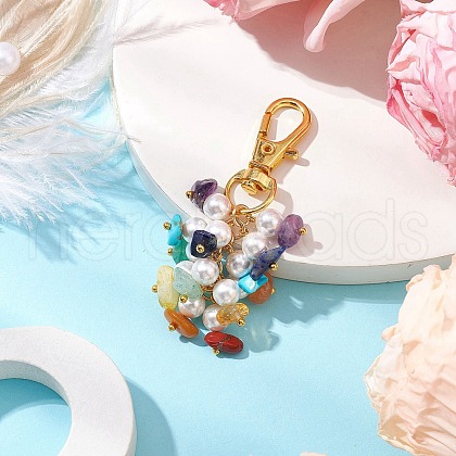 Chakra Natural Red Jasper & Green Aventurine & Red Aventurine & Citrine & Lapis Lazuli & Amethyst & Synthetic Turquoise Chip Pendant Decorations HJEW-JM02516-1