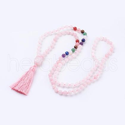 Natural Rose Quartz Tassel Pendant Necklaces NJEW-P193-A03-1