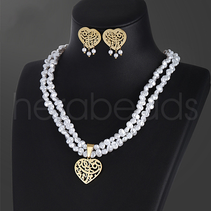 Heart 304 Stainless Steel with Plastic Imitation Pearl Oval Beaded Pendant Necklaces & Stud  Earrings Sets for Women FS-WGFF69E-01-1