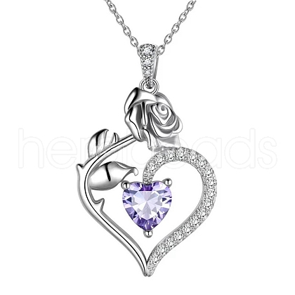 Rhodium Plated 925 Sterling Silver Pave Cubic Zirconia Rose Heart Birthstone Pendant Cable Chain Necklaces PW-WGEE50C-06-1