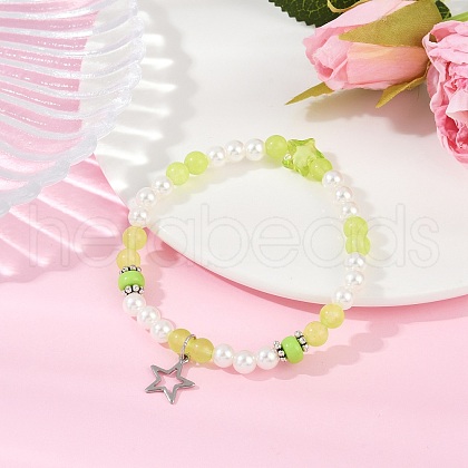 Dyed Round Natural Malaysia Jade with ABS Plastic Pearl Beaded Stretch Bracelets for Women BJEW-JB11643-02-1