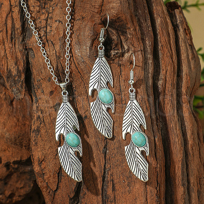 Bohemian Style Alloy & Synthetic Turquoise Pendant Necklaces & Dangle Earrings Sets WG2E1B4-02-1