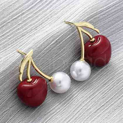 Cherry Brass Stud Earrings EJEW-V017-01C-G-1