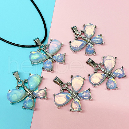 Butterfly Alloy Pave Opalite Pendant Imitation Leather Cord Necklaces FS-WG1163A-06-1
