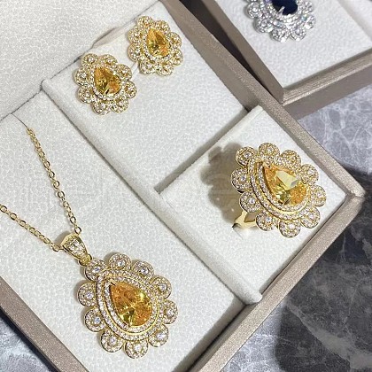 Teardrop 201 Stainless Steel Rhinestone Pendant Necklace & Stud Earring & Rings Sets FS-WG457D4-02-1