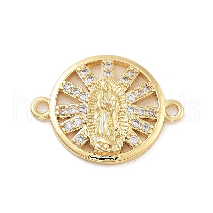 Rack Plating Brass Micro Pave Clear Cubic Zirconia Flat Round Connector Charms KK-C063-20G-1