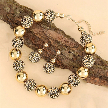 Alloy & Wood & CCB Plastic Round Beaded Necklaces & Stud Dangle Earrings Sets FS-WGB5D6A-01-1