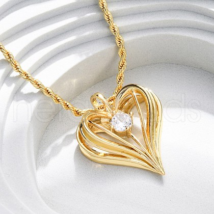 Brass Pave Clear Cubic Zirconia Heart Pendant Necklaces for Women NJEW-K381-07C-G-1