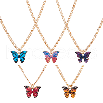 ANATTASOUL 5Pcs 5 Colors Butterfly Alloy Enamel Boho Pendant Necklaces for Women NJEW-AN0001-80-1