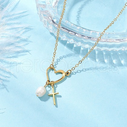 Stainless Steel & ABS Imitation Pearl Heart Cross Necklaces for Women NJEW-JN05201-02-1