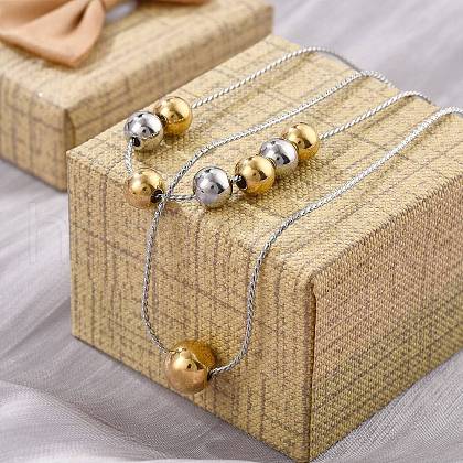 304 Stainless Steel Round Beaded Rope Chain Double Layer Necklaces NJEW-D319-02B-GP-1