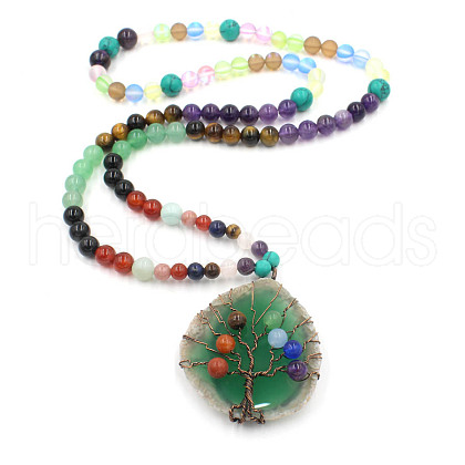 Wire Wrap 7 Chakra Gemstone Tree of Life & Natural Agate Pendant Necklace PW-WG91792-02-1