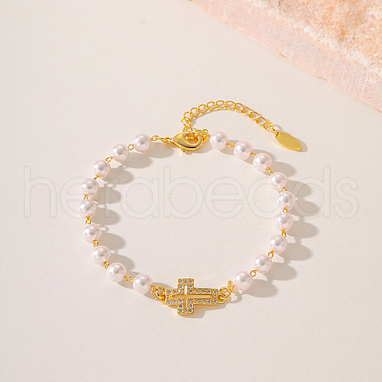 Fashionable Cross Brass Crystal Rhinestone & Imitation Pearl Braided Bead Bracelets for Women DV0214-1-1