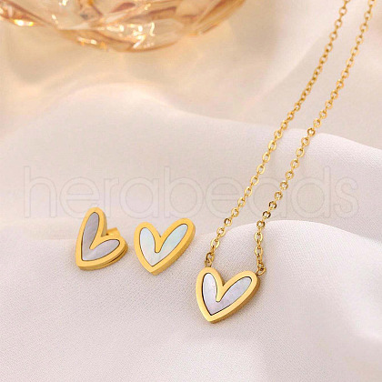 Heart Stainless Steel & Natural Shell Pendant Necklaces & Stud Earrings Sets FS-WG4CC15-02-1