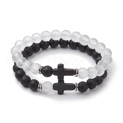 2Pcs 2 Styles 8mm Round Frosted Glass Beaded Stretch Bracelet Sets BJEW-JB10623-1