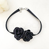 Double 3D Rose Polyester Band Choker Necklaces with Alloy End Chains FS-WG50A3E-01-1