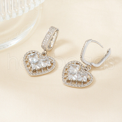 Elegant Brass Clear Cubic Zirconia Hollow Heart Hoop Earrings CD2189-1-1