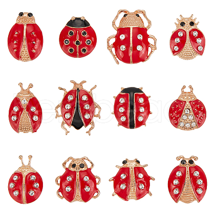 12Pcs 12 Style Coccinella Septempunctata Enamel Pins with Rhinestone JEWB-WH0023-46G-1