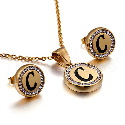Flat Round with Letter Pattern 304 Stainless Steel Crystal Rhinestone Pendant Necklace & Stud Earring FS-WG33EDD-03-1