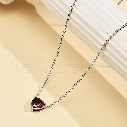 304 Stainless Steel Dark Red Cubic Zirconia Heart Pendant Necklaces for Women NJEW-Z064-04P-1