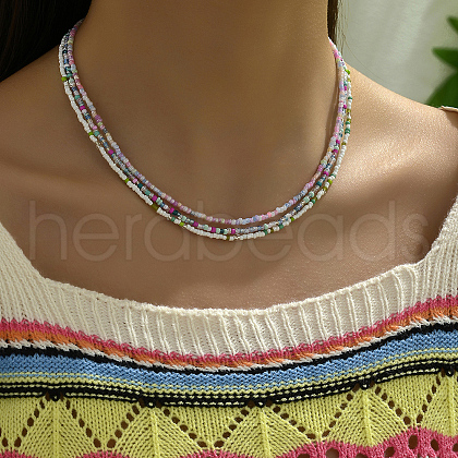 3Pcs Bohemian Style Handmade 3 Layer Round Glass Seed Beaded Necklaces for Women Vacation HM8035-1