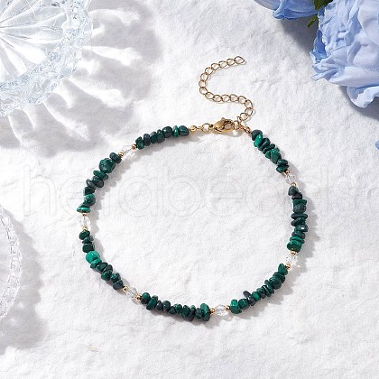 Natural Malachite Chip & Glass Beaded Anklets AJEW-AN00682-05-1