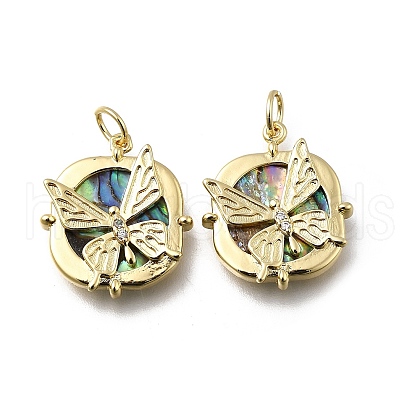 Brass Micro Pave Clear Cubic Zirconia with Natural Paua Shell Pendants KK-G525-15G-1