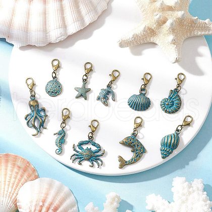 10Pcs Ocean Series Alloy Pendant Decorations HJEW-JM03362-1