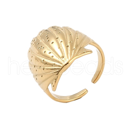 304 Stainless Steel Shell Shape Open Cuff Ring for Women RJEW-Z037-01G-1