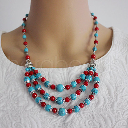 Ethnic Style Alloy & Dyed Synthetic Turquoise Round Beaded 3 Layer Bib Necklaces FS-WGD33AA-03-1
