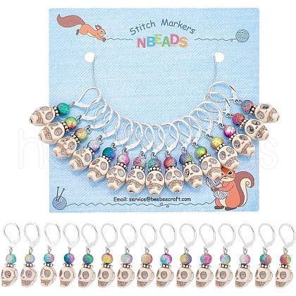 15Pcs 15 Color Synthetic Magnesite Skull & Acrylic Beaded Charm Locking Stitch Marker HJEW-PH01539-1