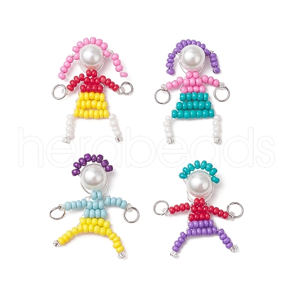 4Pcs 4 Styles Glass Seed Bead with Glass Pearl Round Beaded People Connector Charms PALLOY-MZ00644-1