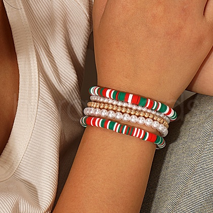 5Pcs Flat Round Polymer Clay & Round Brass & Imitation Pearl Beads Strech Bracelet Set for Women LC3619-1