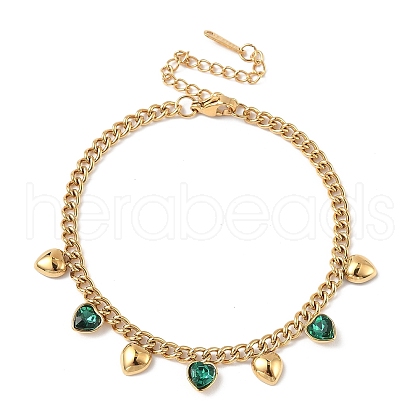 304 Stainless Steel Rhinestone Heart Charm Bracelets BJEW-V011-01G-02-1