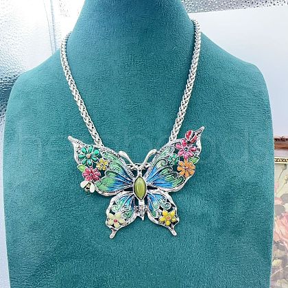 Flower Butterfly Alloy Colorful Enamel & Cat Eye Pendant Necklaces for Women FS-WGE41F5-02-1