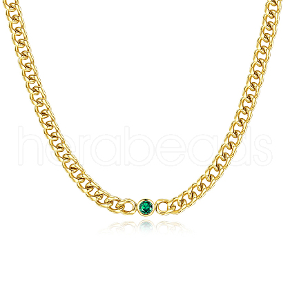 Fashionable Stainless Steel Pave Green Cubic Zirconia Cuban Link Chains Luxury Necklaces for Women RU0694-1