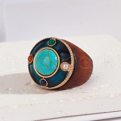 Flat Round Wood & Resin & Synthetic Turquoise Finger Rings FS-WG75D49-03-1